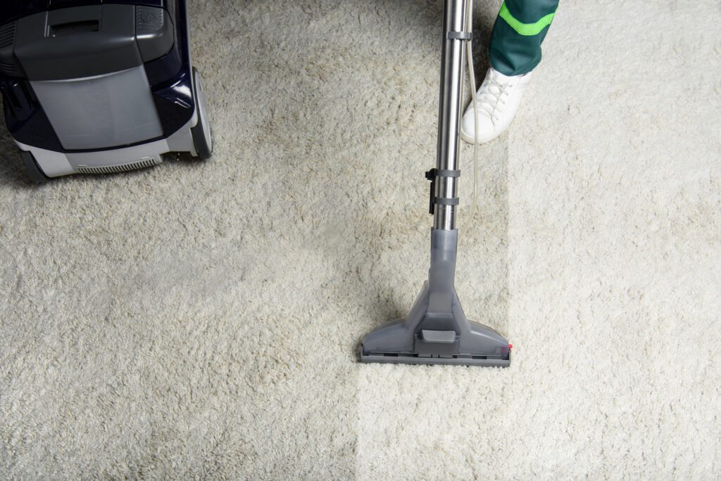 Professional cleaning a light-colored carpet in a New Jersey home